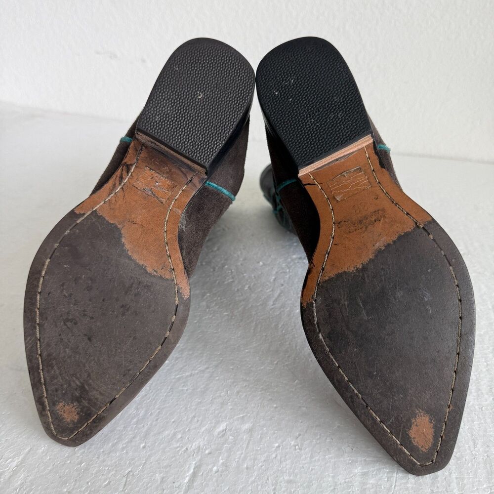 Brown Suede & Leather Cowboy Boots Turquoise Star Embroidery Women’s Size 38 - Picture 7 of 13